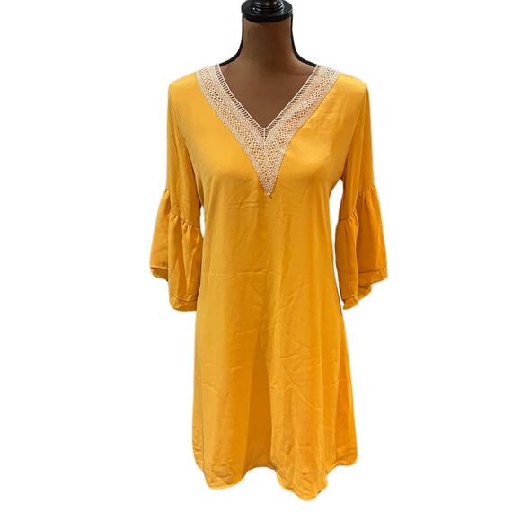 Hotouch Yellow Embroidered Boho Eyelet V-Neck Midi Dress – NWT Small - Picture 1 of 8